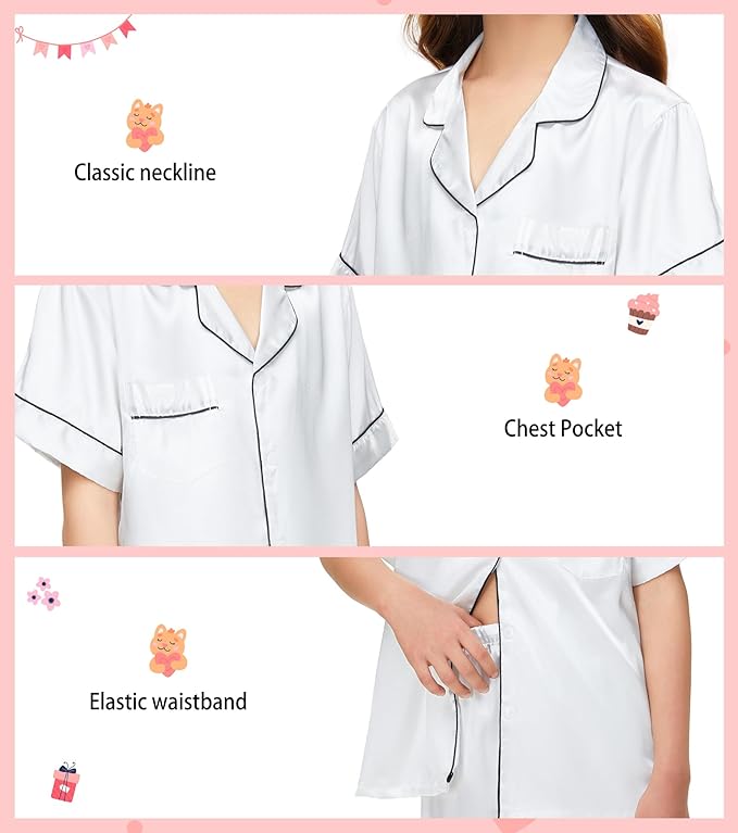 EPLAZA Kids Satin Pajamas Sets Girls Boys Button-Down Silky Pajamas Sleepwear with Hairband Eye Mask Hair Tie