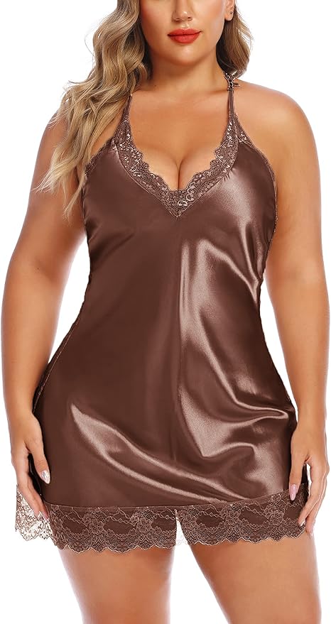 Avidlove Women Lingerie Plus Size Satin Lace Chemise Nightgown Sexy Full Slips Sleepwear L-4XL