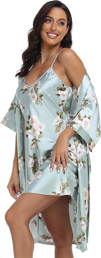 Women's Satin Robes Set with Nightgown Silk Kimono Pajamas 2 Piece Sleepwear Camisole Wedding Bride Gown Set