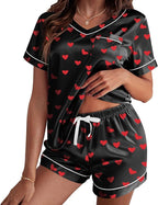RUEWEY Women Satin Silk Pajamas Lounge Set Heart Print Short Sleeve Tops and Shorts 2 Piece Outfits Sleepwear