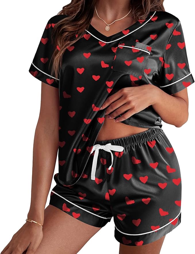 RUEWEY Women Satin Silk Pajamas Lounge Set Heart Print Short Sleeve Tops and Shorts 2 Piece Outfits Sleepwear