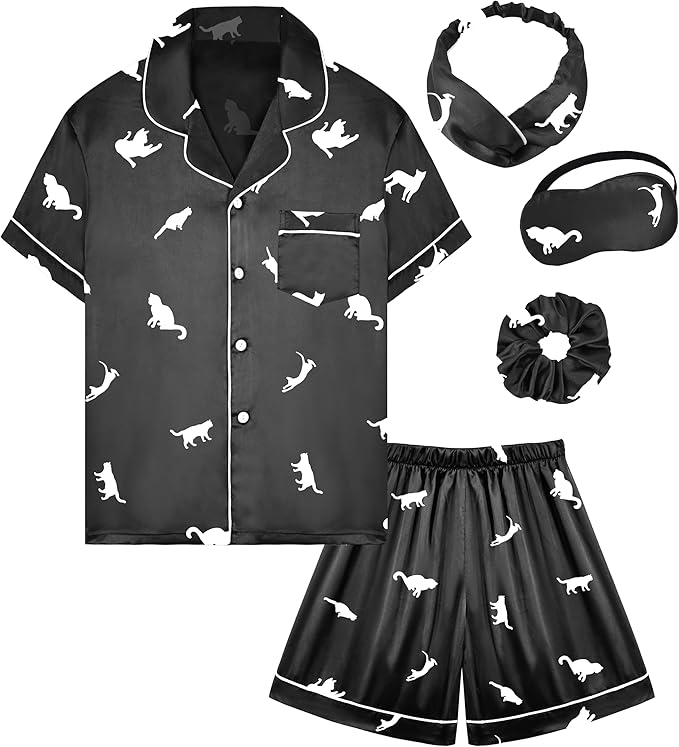 EPLAZA Kids Satin Pajamas Sets Girls Boys Button-Down Silky Pajamas Sleepwear with Hairband Eye Mask Hair Tie