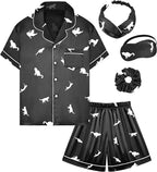 EPLAZA Kids Satin Pajamas Sets Girls Boys Button-Down Silky Pajamas Sleepwear with Hairband Eye Mask Hair Tie