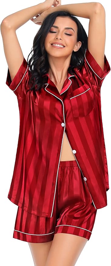 SWOMOG Satin Matching Pajamas Sets Couple Silk Button Down Nightwear Women & Men Short Sleeve Sleepwear 2 Pieces Loungewear