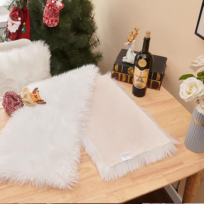 Table Runner, Modern Small White Fur Table Runner for Party Birthday Christmas Friendsgiving Wedding Dinning Table, Decorative Rug Luxury Faux Fur Runner for Table (11.8x70.8 inch)