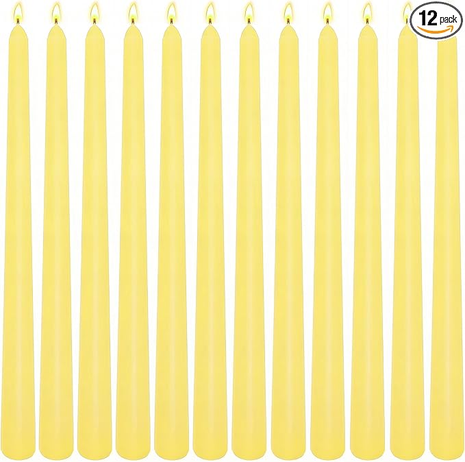 12-Pack Yellow Taper Candles, 10 Inch Unscented Dripless Candlesticks, Long-Lasting Burn Time of 7-8 Hours, Perfect for Home Décor, Weddings, and Events