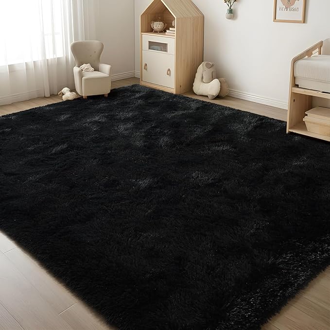 ISEAU Black Rug for Living Room, Fluffy 5x8 Feet Area Rug Carpets Soft Shaggy Rugs for Bedroom, Fuzzy and Comfy Shag Large Rug for Teen's Dorm Boys Kids Nursery Room Decor