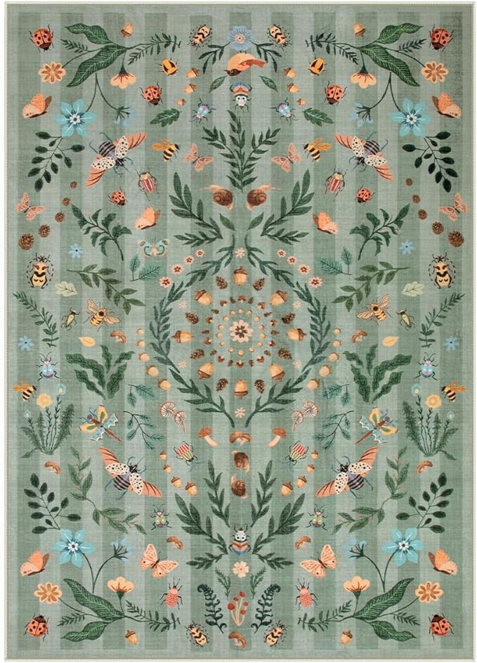 Lahome Chloe Insect Botanical Washable Rugs 8x10 Green Rug for Living Room, Boho Non Slip Rugs for Bedroom, Indoor Throw Dining Room Rug for Under Table Carpet for Home Office Playroom(Green,8x10)