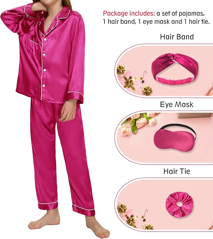 EPLAZA Kids Satin Pajamas Sets Girls Boys Button-Down Silky Pajamas Sleepwear with Hairband Eye Mask Hair Tie