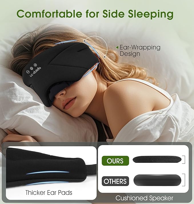 Sleep Mask with Headphones Bluetooth 5.4, LC-dolida Wireless Music Eye Mask for Sleeping Headphones with Soft Bamboo Cotton Cooling Breathable,Ultra-Thin Stereo Speaker for Side Sleepers-Black