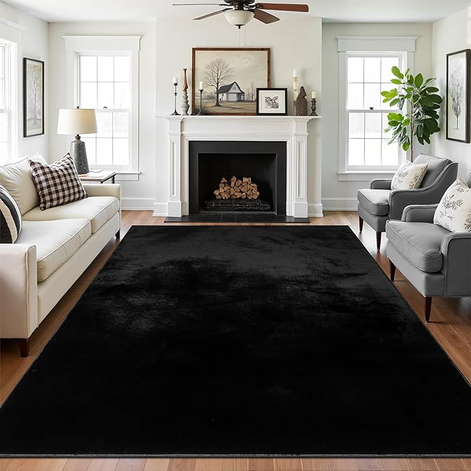 SHACOS Silky Soft Faux Rabbit Fur Area Rug 6'x9' Non Slip Washable Padded Medium Thick Rugs Fluffy Cozy Indoor Modern Carpet for Living Room Bedroom Dining Room Kids Room Dorm Home Decor, Black