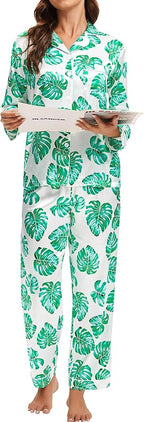 SWOMOG Womens Silk Satin Pajamas Set Long Sleeve Button Down Sleepwear 2 Piece Lounge Set Pj Set XS-3XL