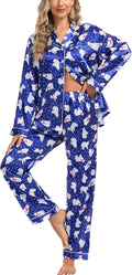 SWOMOG Womens Silk Satin Pajamas Set Long Sleeve Button Down Sleepwear 2 Piece Lounge Set Pj Set XS-3XL