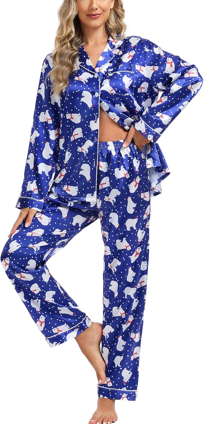 SWOMOG Womens Silk Satin Pajamas Set Long Sleeve Button Down Sleepwear 2 Piece Lounge Set Pj Set XS-3XL