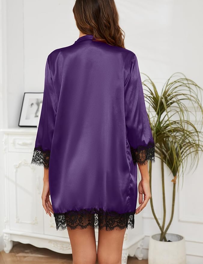 Womens 4 Pcs Lingeries Silk Pajamas Robes Set Sexy Pjs Cami Shorts Satin Sleepwear Lace Loungewear