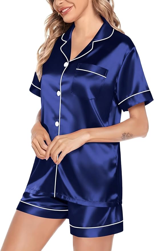SWOMOG Satin Matching Pajamas Sets Couple Silk Button Down Nightwear Women & Men Short Sleeve Sleepwear 2 Pieces Loungewear
