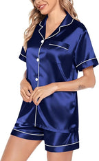 SWOMOG Satin Matching Pajamas Sets Couple Silk Button Down Nightwear Women & Men Short Sleeve Sleepwear 2 Pieces Loungewear