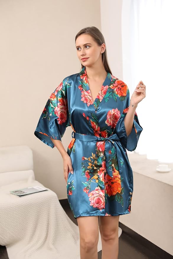QXQTER Peony Floral Silky Satin Robe Wedding Bridal Party Bride Bridesmaid Robes for Women Dressing Gown Kimono Robe