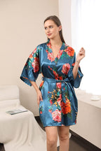 QXQTER Peony Floral Silky Satin Robe Wedding Bridal Party Bride Bridesmaid Robes for Women Dressing Gown Kimono Robe