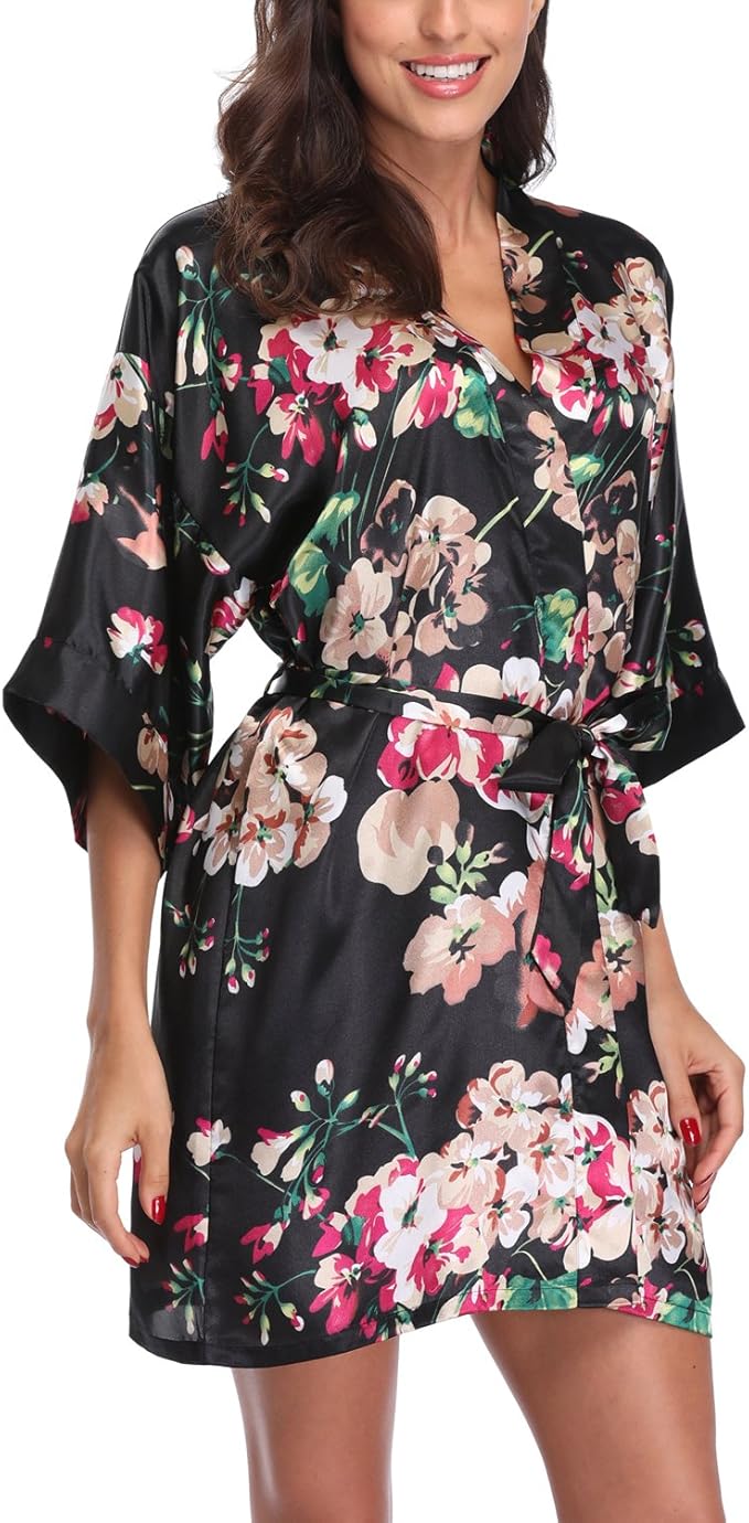 Women's Floral Satin Robes Bride Bridesmaid Getting Ready Robe Short Silky Kimono Sleepwear for Wedding Party