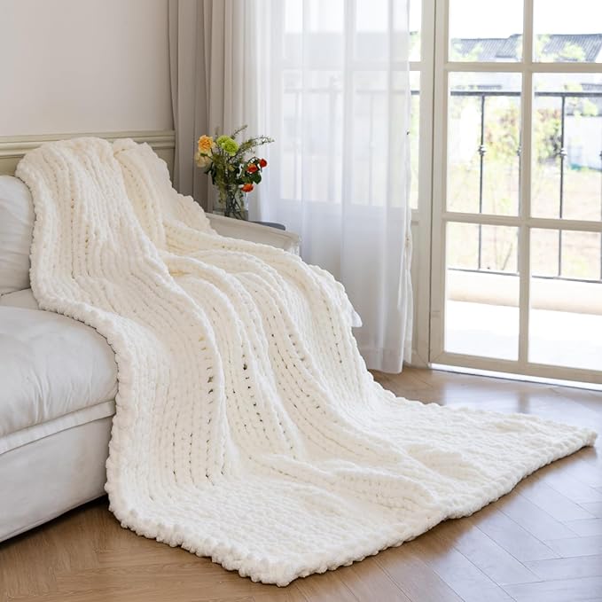 Chunky Knit Blanket - Luxury Soft Cozy 50 * 60 Throw Blanket,100% Woven Blanket Rope Knot Throw Blanket for Couch, Sofa, Home Decor, Gift - Machine Washable (Ivory White, 50 * 60)