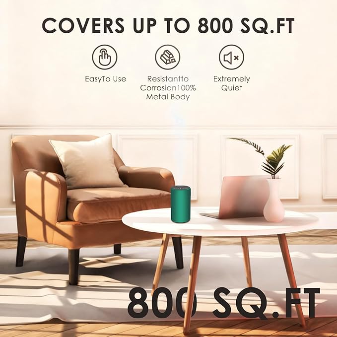 Waterless Essential Oil Diffuser, Battery Powered Mini Scent Air Machine, Aromatherapy Mist Diffuser for Home Room Car Office (Green Aluminum Alloy)