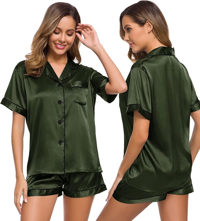 SWOMOG Womens Silk Satin Pajamas Set Short Sleeve Sleepwear Button Down Top and Shorts Loungewear 2 Piece Pjs Set XS-3XL