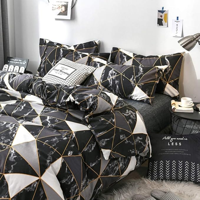 CLOTHKNOW Black White Marble California King Comforter Set Triangle Bedding Comforter Sets Geometric Comforter with 2 x Pillow Cases