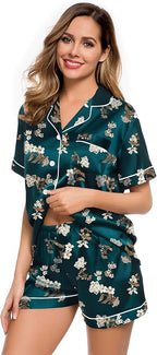 LecGee Womens Silk Satin Pajamas Short Sleeve Loungewear Two-Piece Sleepwear Button-Down Pj Set