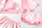 Umeyda Girls & Women Satin Pajamas Set Button Down 2 Piece Silk Pjs Shorts Set Ruffle Sleepwear, 5 Years-Women L