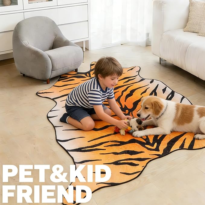 Tiger Print Area Rug, Tiger Rugs 4.6x5.2 Feet Western Rug Non-Slip Animal Print Skin Faux Cashmere Carpet for for Living Room Bedroom Home Decor