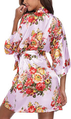 Women's Floral Satin Robes Bride Bridesmaid Getting Ready Robe Short Silky Kimono Sleepwear for Wedding Party