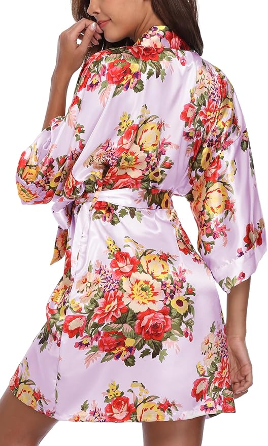 Women's Floral Satin Robes Bride Bridesmaid Getting Ready Robe Short Silky Kimono Sleepwear for Wedding Party