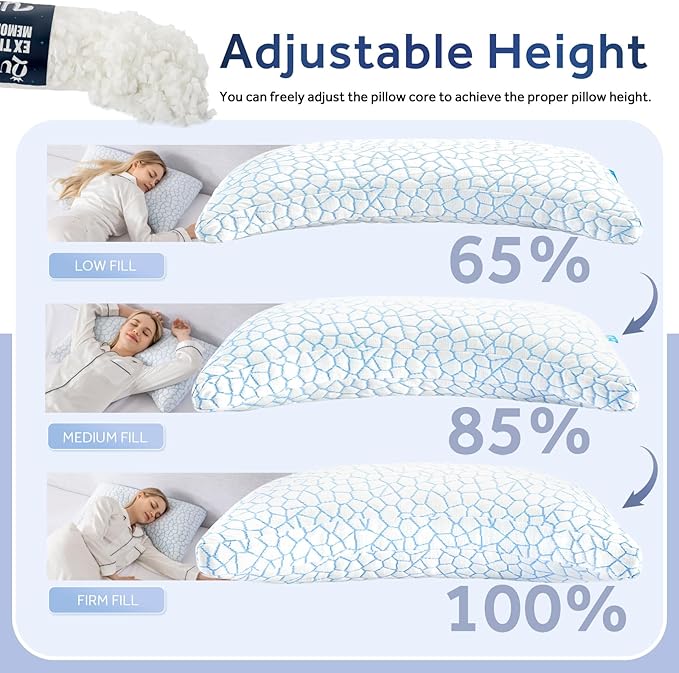 QUTOOL Cooling Side Sleeper Pillow for Neck and Shoulder Pain Relief, Adjustable Curved Shredded Memory Foam Bed Pillows for Sleeping, Queen 1 Pack with Additional Foam Fill Included (White)