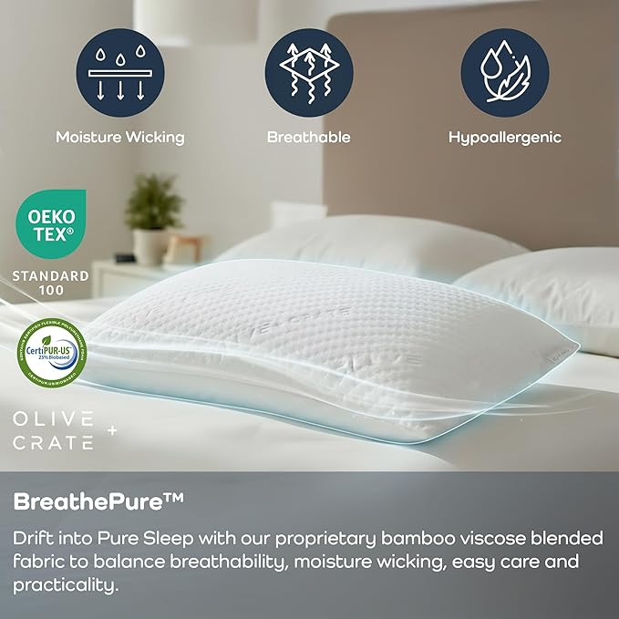 Olive + Crate BreathePure™ Adjustable Cooling Shredded Memory Foam Pillow - Breathable Bamboo Viscose Cover for Temperature Control - Gel Pillows for Side Sleepers - Queen Size