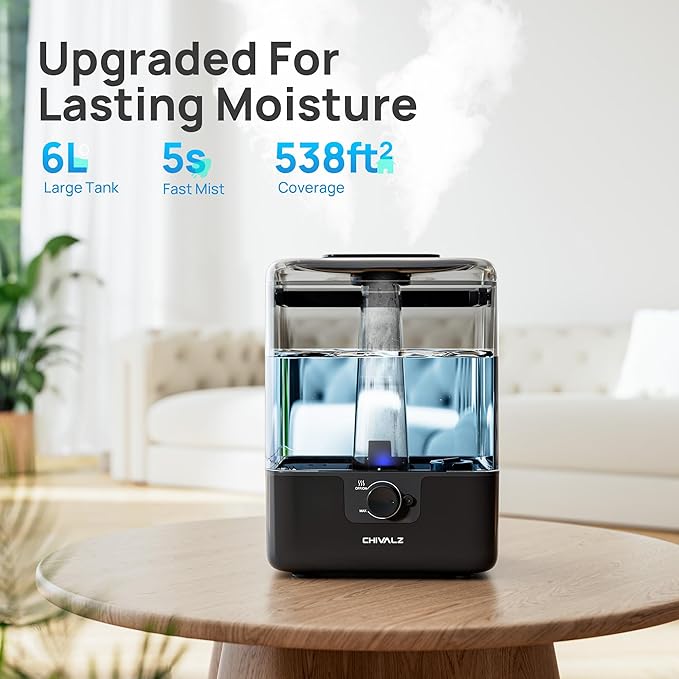 CHIVALZ Humidifiers for Bedroom Large Room Home, 6L Cool Mist Humidifier for Baby and Plant, Oil Diffuser, Top Fill Humidifier with Night Light, Quiet 26dB, Up to 50H, Black 1Pack