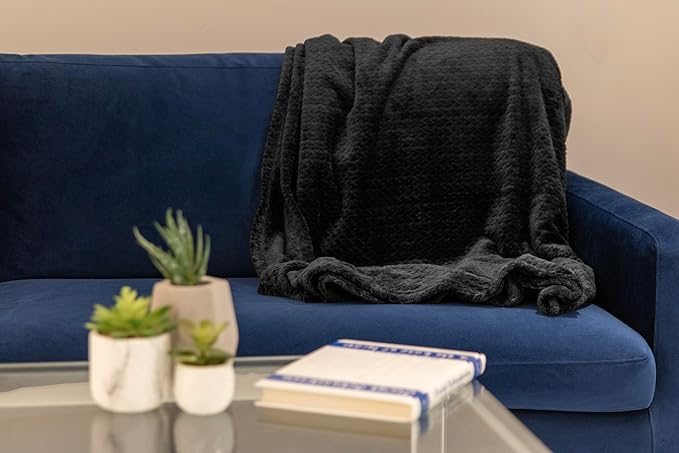 Waffle Knit Textured Throw Blanket Soft for Couch, Sofa, Twin Bed, Kids, Adults, 50” x 60” Chenille Knit Blanket, Boho Throw Blanket for Home Decor 250 GSM (Midnight Black)