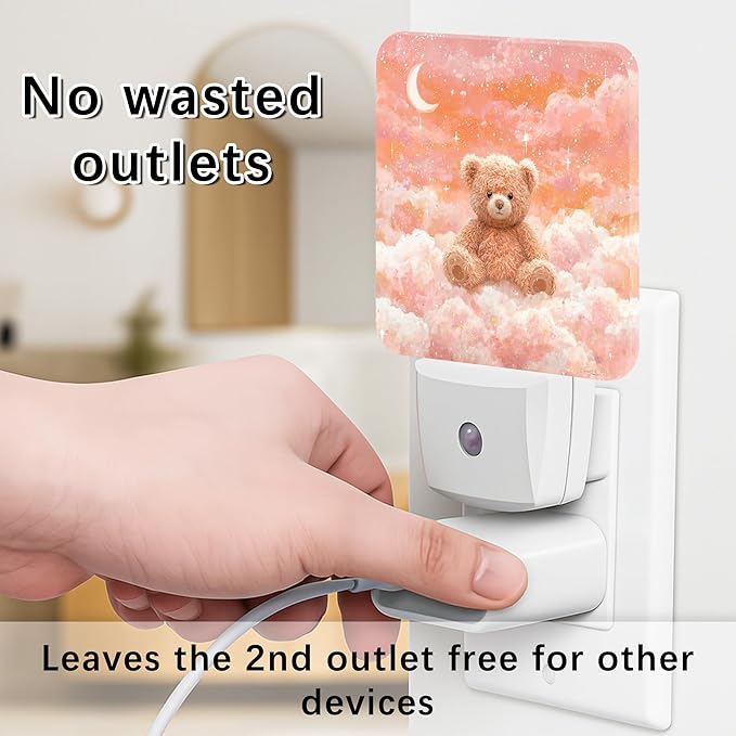 Bear Night Lights Plug Into Wall, Cute Fanciful Moon Clouds Winter Peach Energy Saving Automatic Led Night Lights for Guest Room Basement Office Decor 2pcs