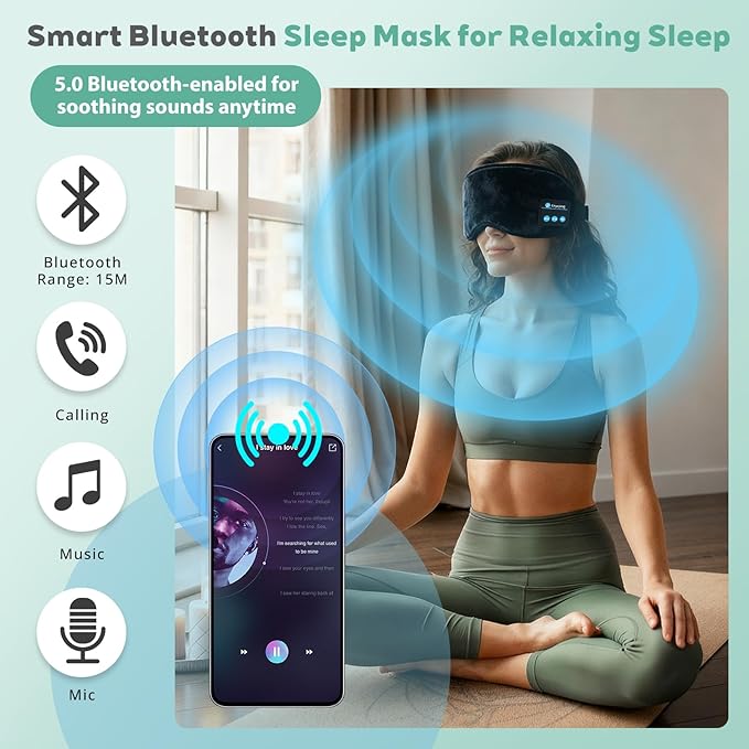 Sleep Mask Bluetooth Wireless Headphones, Sleep Earphones Music Eyemask, 2 in 1 Ear Mask and Eye Mask for Side Sleepers, Warm Earbuds Built-in HD Speakers Blindfold for Men Women (Black)