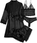 WDIRARA Women' Silk Satin Pajamas Set 4pcs Lingerie Floral Lace Cami Sleepwear with Robe