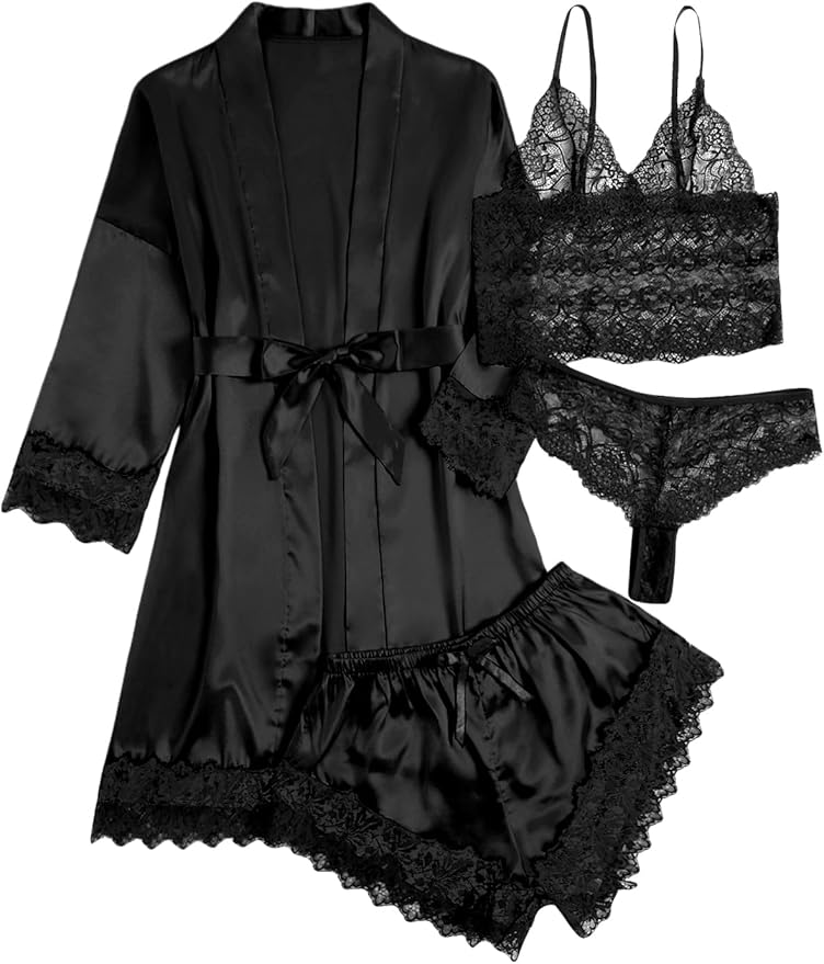 WDIRARA Women' Silk Satin Pajamas Set 4pcs Lingerie Floral Lace Cami Sleepwear with Robe