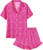 Umeyda Girls & Women Satin Pajamas Set Button Down 2 Piece Silk Pjs Shorts Set Ruffle Sleepwear, 5 Years-Women L