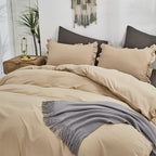 CLOTHKNOW Champagne Ruffle Queen Comforter Set Taupe Bedding Comforter Sets Soft Shabby Chic Farmhouse Comforter with 2 x Pillow Cases