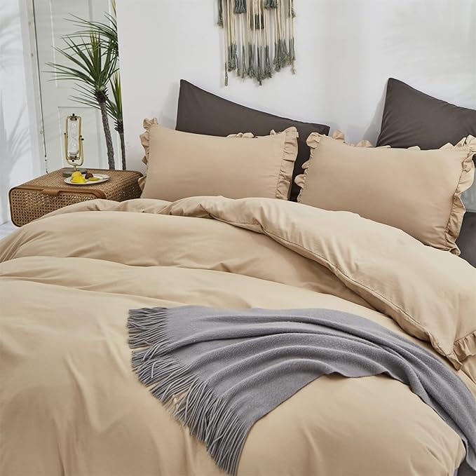 CLOTHKNOW Champagne Ruffle Queen Comforter Set Taupe Bedding Comforter Sets Soft Shabby Chic Farmhouse Comforter with 2 x Pillow Cases