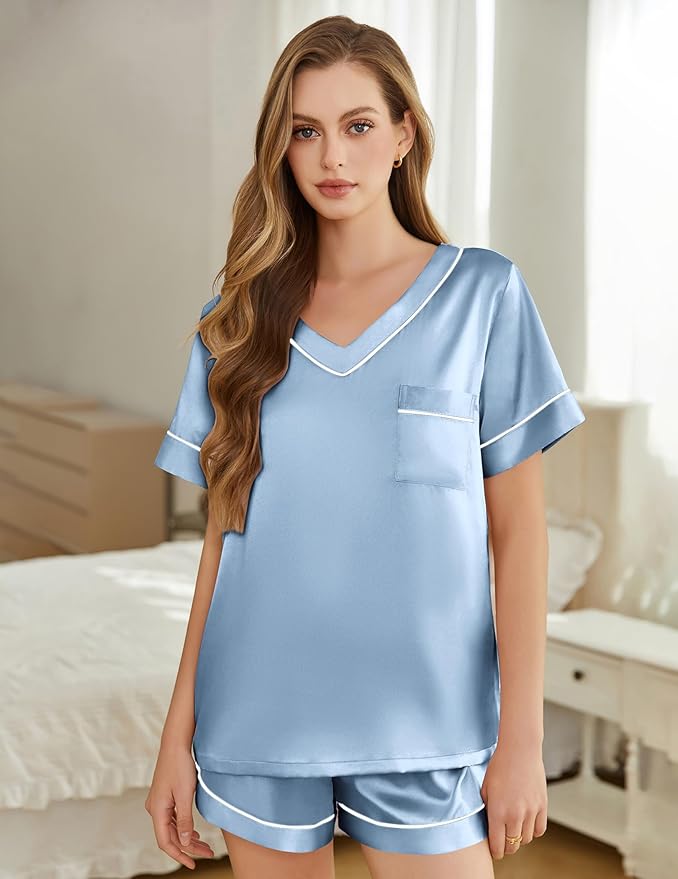Silk Pajamas for Women Short Sleeve Satin 2 Piece Pj Set Soft V Neck Sleepwear Loungewear, S-XXL