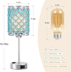 Hong-in Blue Lamps for Night Stands-Crystal Table Lamp with USB-C+A & AC Charging Ports, 3-Way Dimmable Nightstand Touch Lamp, Bedside Desk lamp for Bedroom Living Room Home Office