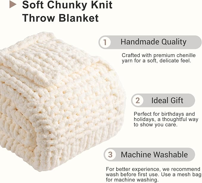 Bunnikins & Clover Cream White Hand Knitted Blanket with Chenille Yarn, Chunky Knit Ivory Throw Blanket for Bed Living Room Home Decor, 50"x60"
