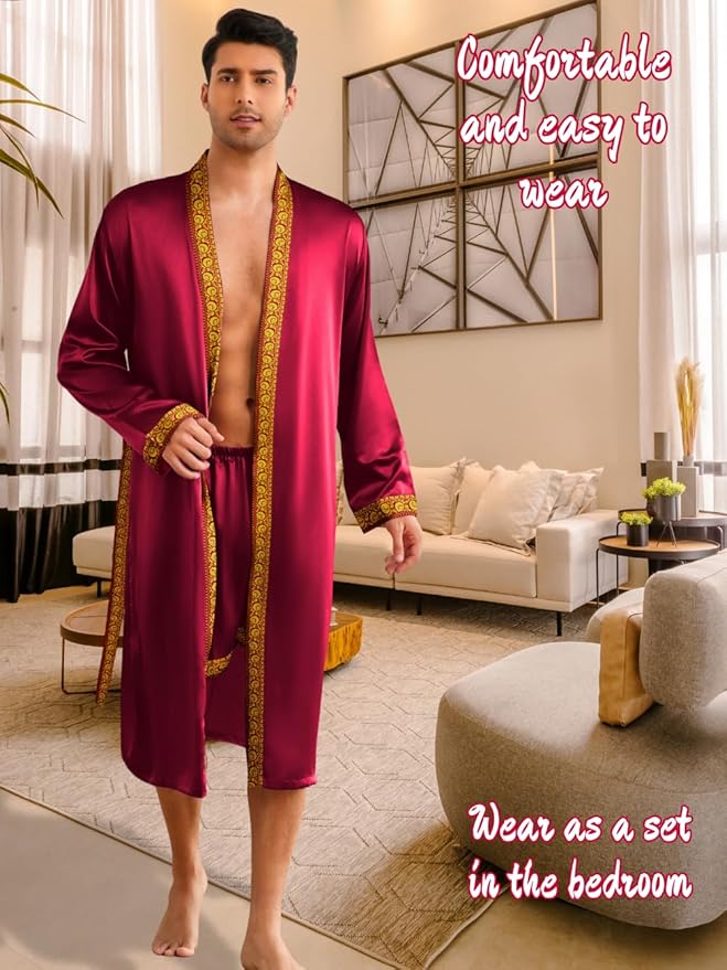ChiaoLezhee Mens Satin Bath Robe with Shorts Set, Silk Paisley Kimono Lightweight, Soft Long Sleeve Sleepwear