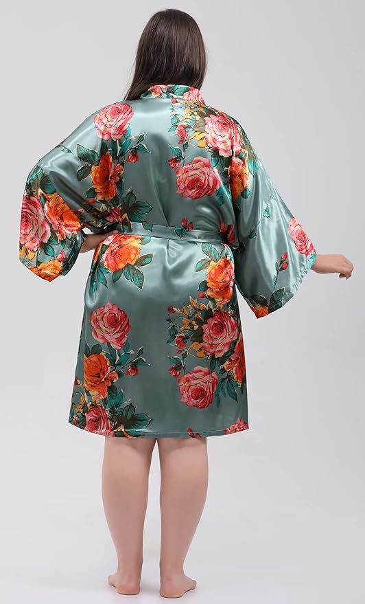 QXQTER Peony Floral Silky Satin Robe Wedding Bridal Party Bride Bridesmaid Robes for Women Dressing Gown Kimono Robe