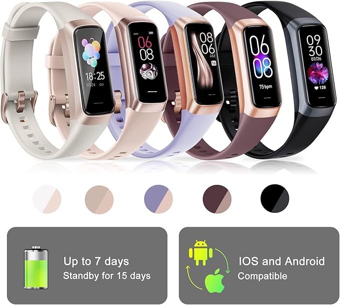Fitness Tracker, Activity Trackers with 24/7 Heart Rate, Blood Oxygen Blood Pressure Sleep Monitor, Step Counter with 1.1" AMOLED Touch Color Screen, Calorie Pedometer Health Smart Watch for Women Men